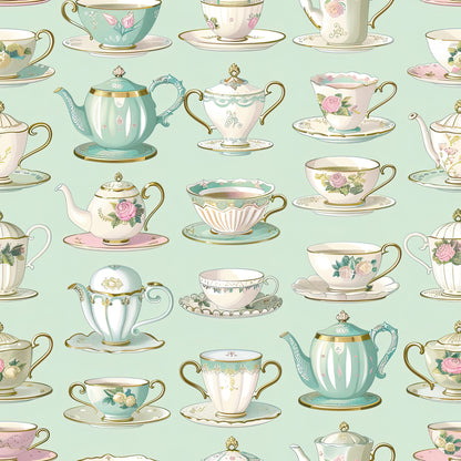 mint green, sage green, pink, cream, white, gold accents, teacups, teapots, saucers, floral motifs, roses, vintage china, tea party, repeating pattern, whimsical, elegant, feminine, quilting cotton, fabric panel, delicate details, pastoral, cottage style, seamless design