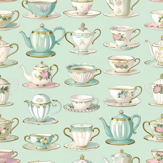 mint green, sage green, pink, cream, white, gold accents, teacups, teapots, saucers, floral motifs, roses, vintage china, tea party, repeating pattern, whimsical, elegant, feminine, quilting cotton, fabric panel, delicate details, pastoral, cottage style, seamless design