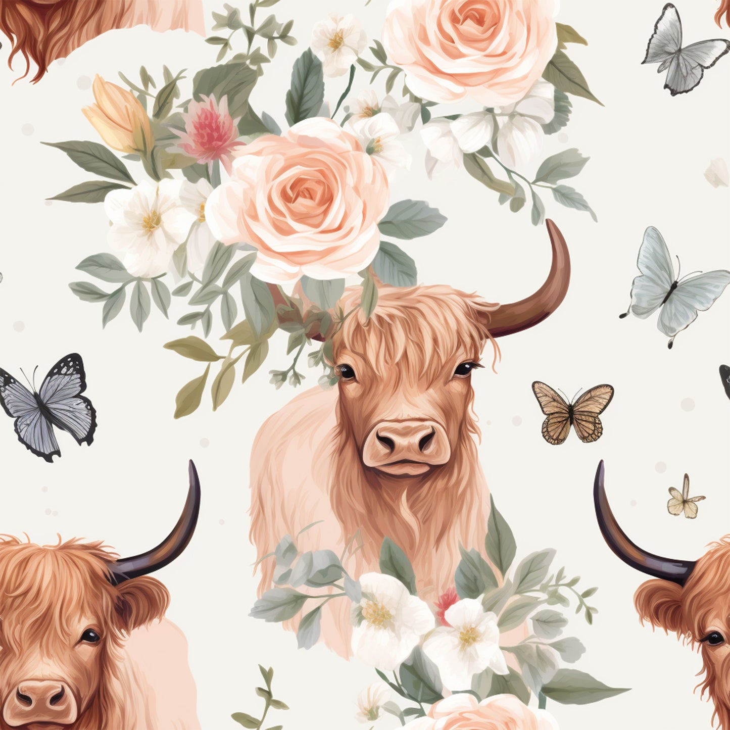 highland cows, vintage pattern, quilting cotton, fabric panel, peach roses, white flowers, butterflies, pastoral design, cream background, orange blooms, green foliage, floral arrangement, rustic charm, soft pastels, country style, botanical elements, nature motifs, cottage aesthetic, farmhouse design, gentle colors