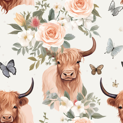 highland cows, vintage pattern, quilting cotton, fabric panel, peach roses, white flowers, butterflies, pastoral design, cream background, orange blooms, green foliage, floral arrangement, rustic charm, soft pastels, country style, botanical elements, nature motifs, cottage aesthetic, farmhouse design, gentle colors