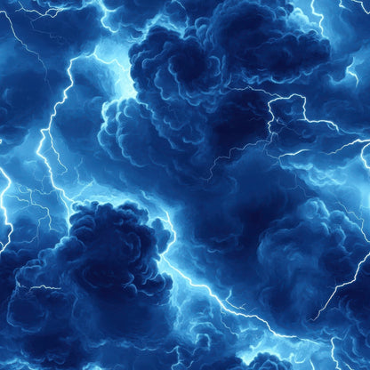 navy blue, electric blue, lightning bolts, thunderstorm, storm clouds, dramatic sky, weather pattern, quilting cotton, fabric panel, swirling clouds, electrical discharge, stormy atmosphere, deep blue, bright white lightning, turbulent sky, nature scene, meteorological, tempest, atmospheric, cotton fabric