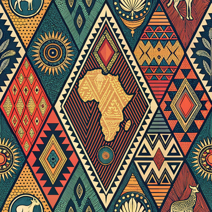 african tribal pattern, geometric designs, diamond shapes, triangular motifs, africa continent silhouette, sun symbols, circular medallions, chevron patterns, quilting cotton, fabric panel, teal, orange, red, yellow, navy blue, cream, earth tones, ethnic artwork, tribal art, repeating pattern, cultural motifs, abstract designs