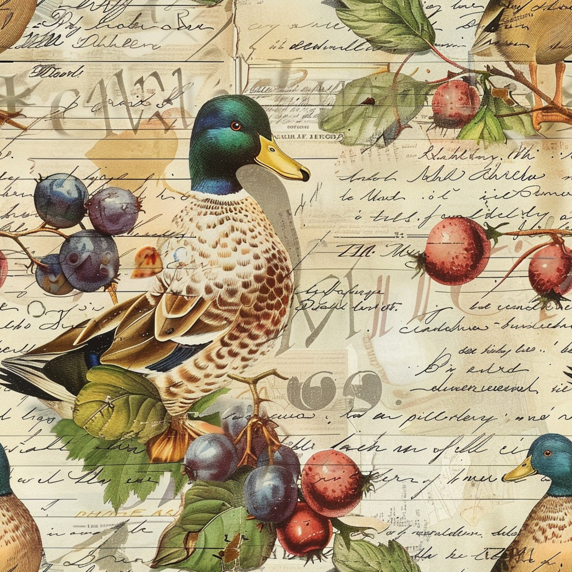 mallard ducks, vintage postcards, handwritten script, botanical berries, emerald green, golden yellow, burgundy red, navy blue, cream background, nature illustration, watercolor style, quilting cotton, fabric panel, farm birds, fruit branches, antique letters, rustic charm, country living, wildlife motifs, autumn colors