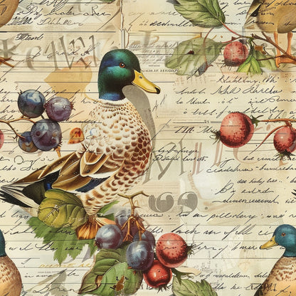 mallard ducks, vintage postcards, handwritten script, botanical berries, emerald green, golden yellow, burgundy red, navy blue, cream background, nature illustration, watercolor style, quilting cotton, fabric panel, farm birds, fruit branches, antique letters, rustic charm, country living, wildlife motifs, autumn colors