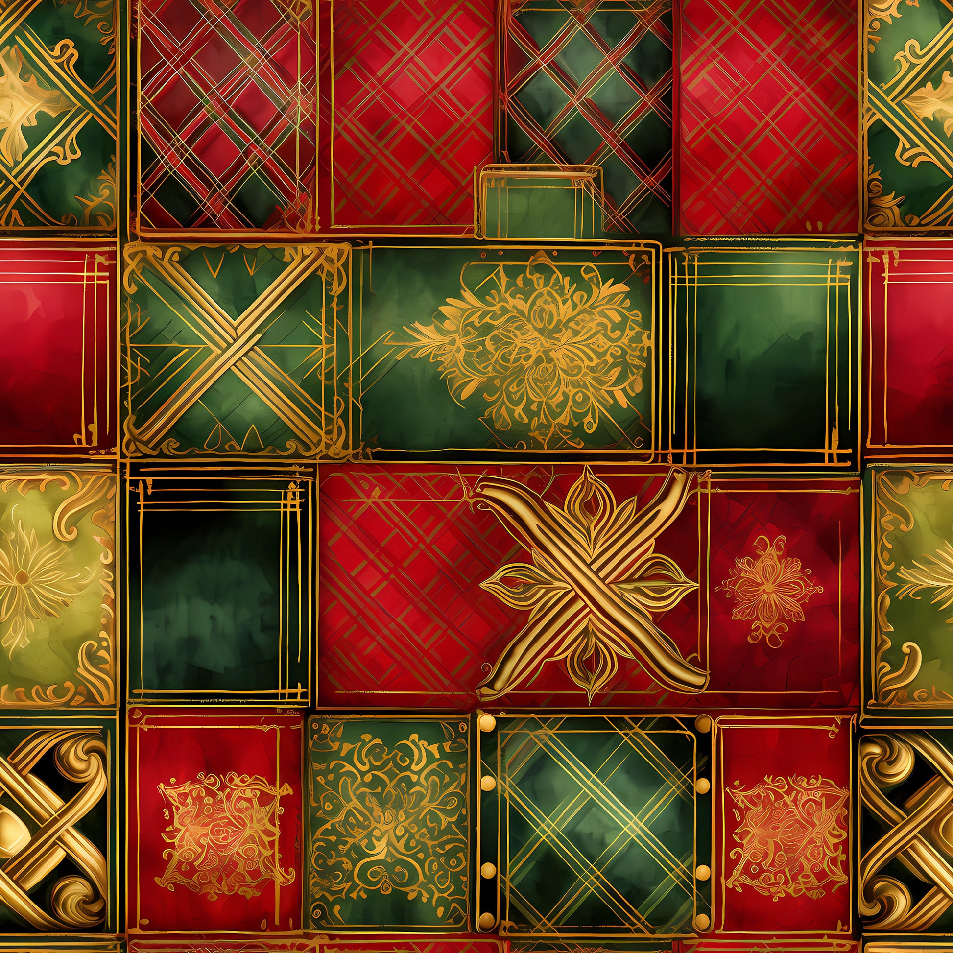 red, green, gold, christmas, quilting cotton, fabric panel, geometric patterns, plaid, tartan, crosshatch, ornate medallions, decorative motifs, festive, holiday themed, luxurious, elegant, patchwork squares, celtic crosses, floral ornaments, baroque style