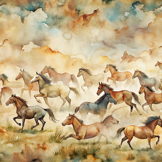 wild horses, galloping horses, watercolor style, earth tones, brown, tan, beige, cream, dusty blue, orange accents, cloudy sky, prairie scene, western theme, nature scene, quilting cotton, fabric panel, artistic rendering, soft brushstrokes, equestrian motif, herd of horses