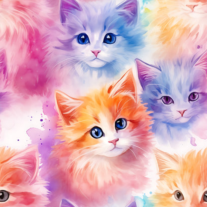 watercolor kittens, pastel colors, rainbow hues, pink tones, blue shades, orange accents, purple highlights, cute cats, baby animals, whimsical art, soft brushstrokes, dreamy aesthetic, quilting cotton, fabric panel, playful design, fluffy kittens, bright eyes, colorful fur, artistic cats, crafting material