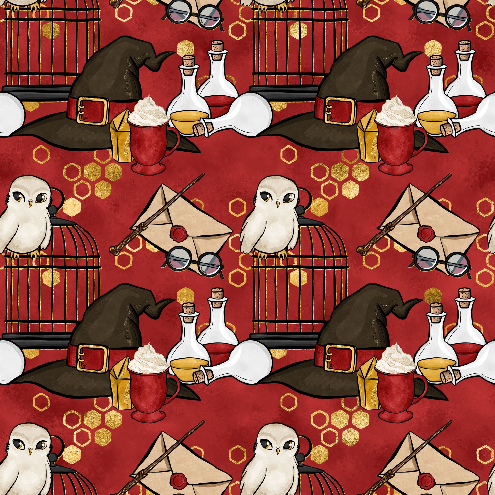 burgundy red, deep crimson, gold accents, witch hat, potion bottles, owl, birdcage, eyeglasses, magic wand, envelope, hexagon pattern, quilting cotton, fabric panel, wizard theme, magical elements, whimsical illustrations, cartoon style, school supplies, mystical objects, repeating pattern