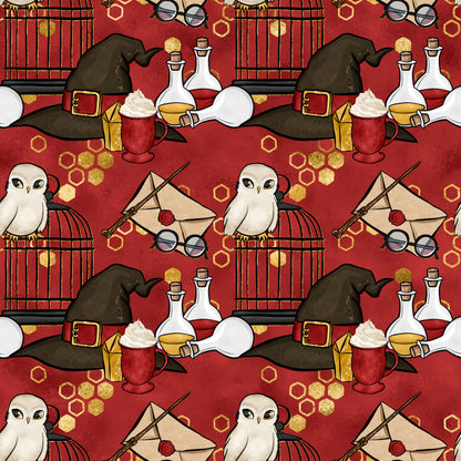 burgundy red, deep crimson, gold accents, witch hat, potion bottles, owl, birdcage, eyeglasses, magic wand, envelope, hexagon pattern, quilting cotton, fabric panel, wizard theme, magical elements, whimsical illustrations, cartoon style, school supplies, mystical objects, repeating pattern