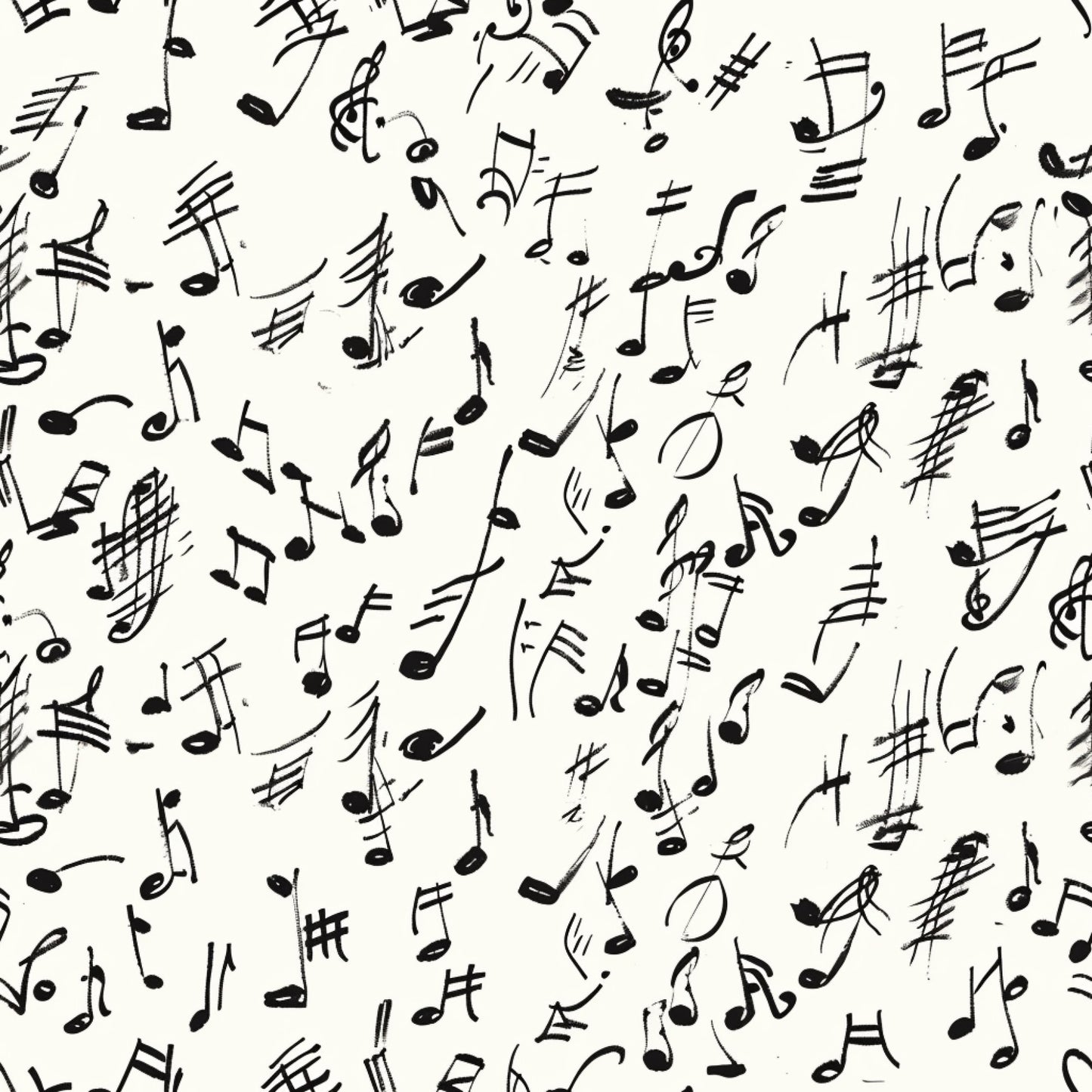 black and white, musical notes, handwritten style, treble clef, sheet music, scattered pattern, monochrome, quilting cotton, fabric panel, music theme, artistic script, flowing design, creative pattern, craft fabric, sewing material, musical symbols, organic layout, sketchy style, contemporary design