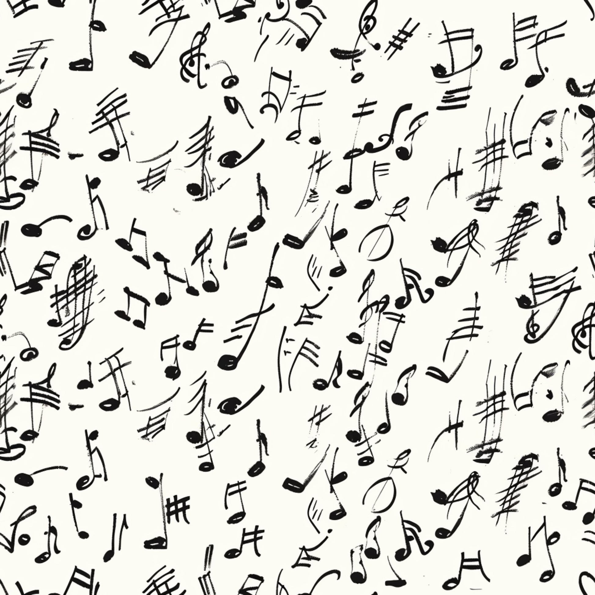 black and white, musical notes, handwritten style, treble clef, sheet music, scattered pattern, monochrome, quilting cotton, fabric panel, music theme, artistic script, flowing design, creative pattern, craft fabric, sewing material, musical symbols, organic layout, sketchy style, contemporary design