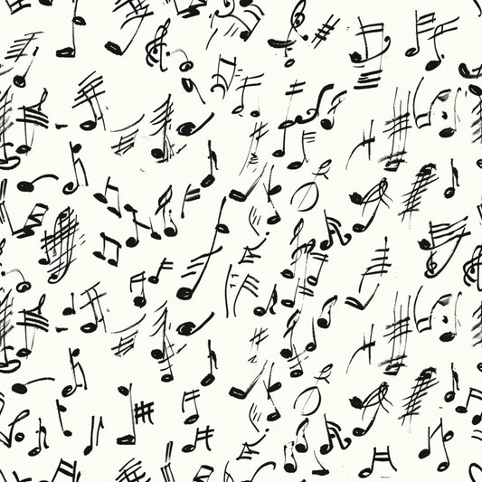 black and white, musical notes, handwritten style, treble clef, sheet music, scattered pattern, monochrome, quilting cotton, fabric panel, music theme, artistic script, flowing design, creative pattern, craft fabric, sewing material, musical symbols, organic layout, sketchy style, contemporary design