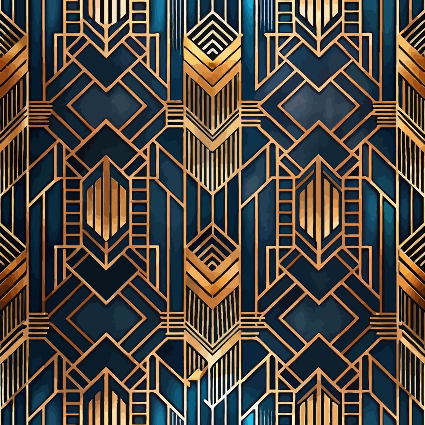 navy blue, gold, copper, bronze, geometric pattern, art deco, diamond shapes, chevron, angular lines, metallic accents, luxurious, repeating motif, quilting cotton, fabric panel, symmetrical design, vintage inspired, sophisticated, intricate details