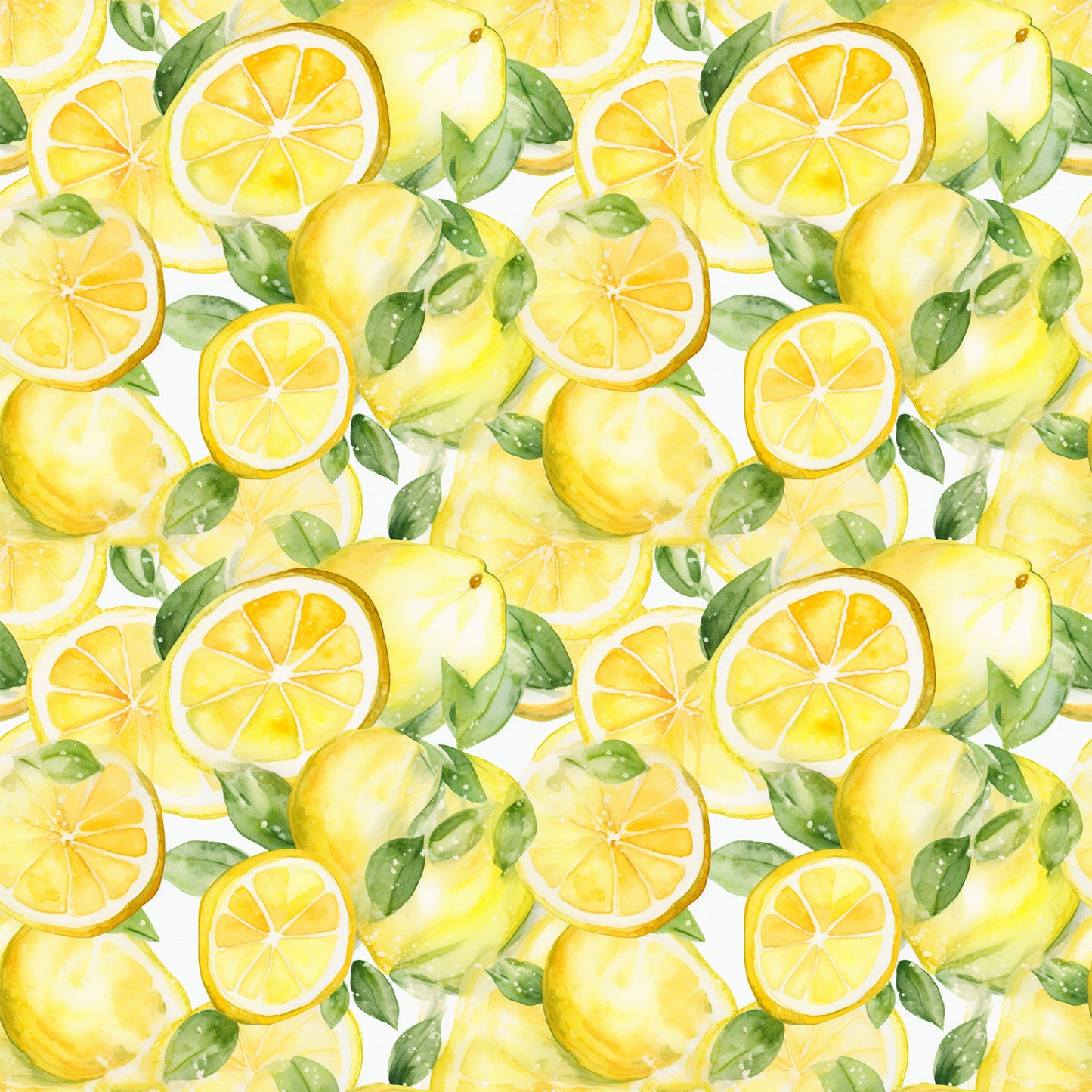 yellow, bright yellow, green leaves, lemon slices, whole lemons, citrus fruit, watercolor style, seamless pattern, repeating design, fresh, summer vibes, quilting cotton, fabric panel, botanical elements, juicy, vibrant colors, hand-painted look, kitchen theme, fruit pattern, cheerful