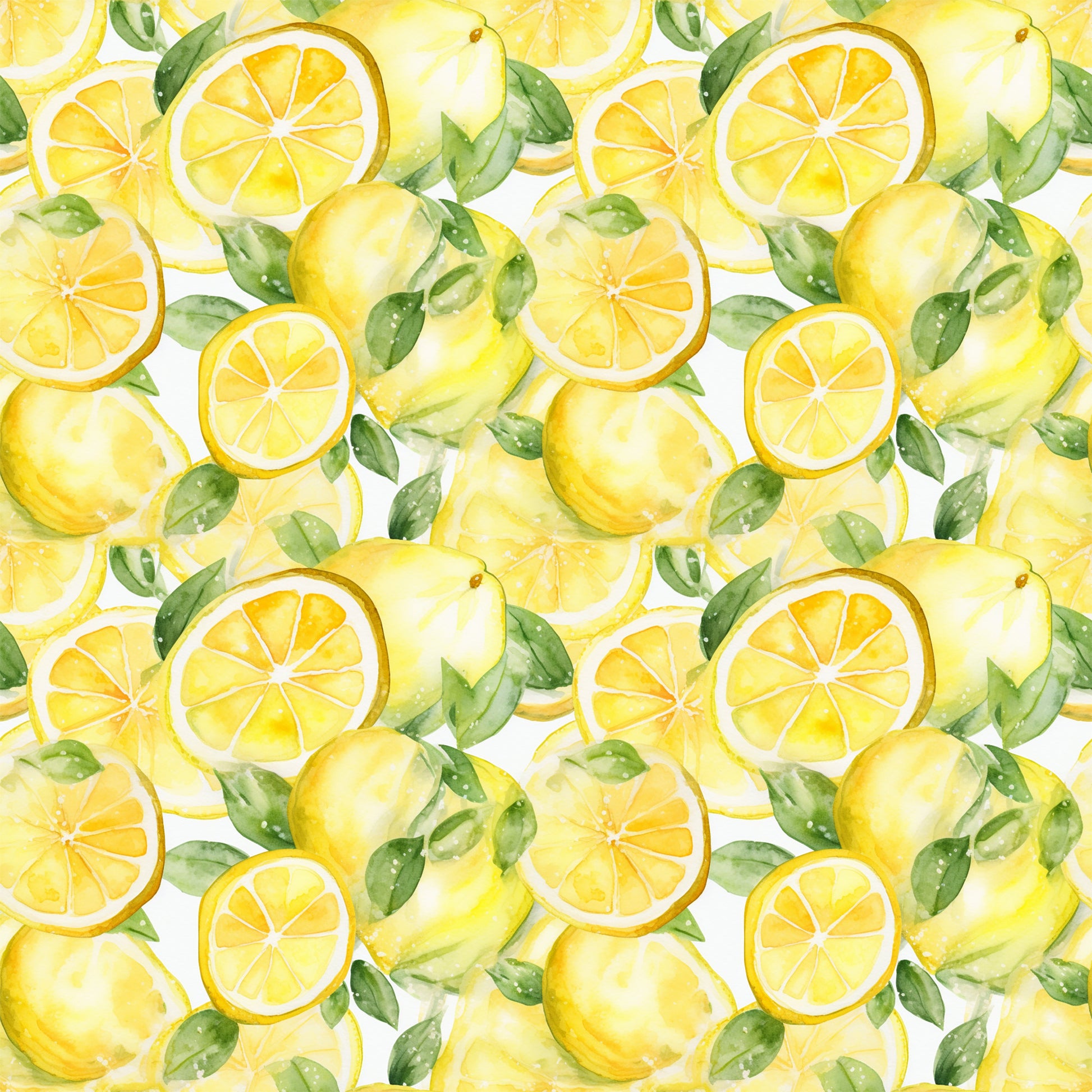 yellow, bright yellow, green leaves, lemon slices, whole lemons, citrus fruit, watercolor style, seamless pattern, repeating design, fresh, summer vibes, quilting cotton, fabric panel, botanical elements, juicy, vibrant colors, hand-painted look, kitchen theme, fruit pattern, cheerful