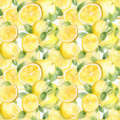 yellow, bright yellow, green leaves, lemon slices, whole lemons, citrus fruit, watercolor style, seamless pattern, repeating design, fresh, summer vibes, quilting cotton, fabric panel, botanical elements, juicy, vibrant colors, hand-painted look, kitchen theme, fruit pattern, cheerful