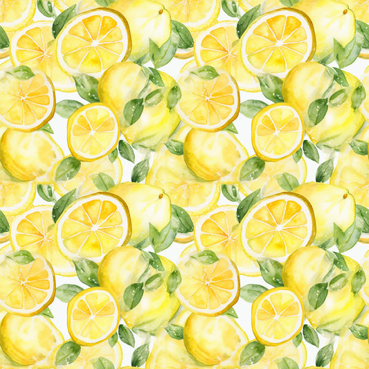 yellow, bright yellow, green leaves, lemon slices, whole lemons, citrus fruit, watercolor style, seamless pattern, repeating design, fresh, summer vibes, quilting cotton, fabric panel, botanical elements, juicy, vibrant colors, hand-painted look, kitchen theme, fruit pattern, cheerful