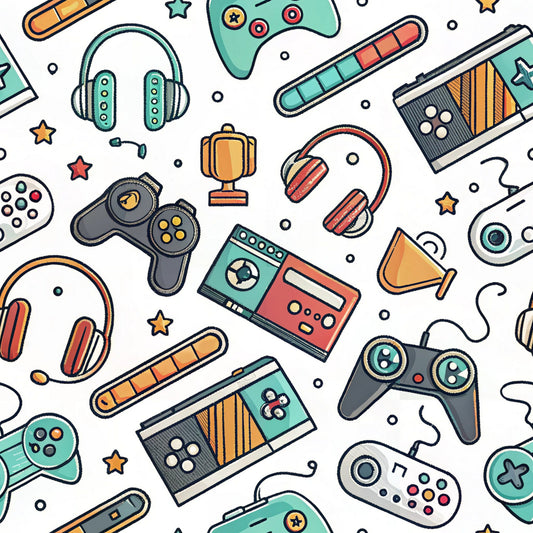 gaming controllers, video game pattern, retro controllers, modern gaming, teal, coral, orange, yellow, white background, headphones, cassette tapes, trophy, stars, scattered pattern, nostalgic gaming, quilting cotton, fabric panel, gaming accessories, handheld controllers, seamless repeat