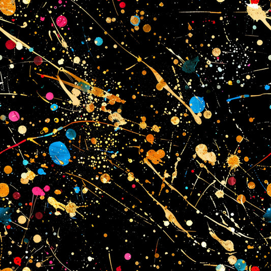 black background, paint splatter, glitter effect, gold accents, blue dots, pink circles, orange splatters, white speckles, red droplets, yellow paint, abstract pattern, cosmic design, energetic style, splashed paint, colorful chaos, quilting cotton, fabric panel, modern art, dynamic composition, multicolored splatters