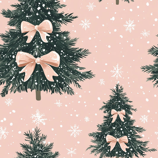 blush pink, dusty rose, forest green, christmas trees, pink bows, snowflakes, winter pattern, quilting cotton, fabric panel, holiday theme, evergreen branches, snow dots, festive design, soft pastels, whimsical style, seasonal motifs, repeating pattern, pine trees, winter wonderland, cozy aesthetic