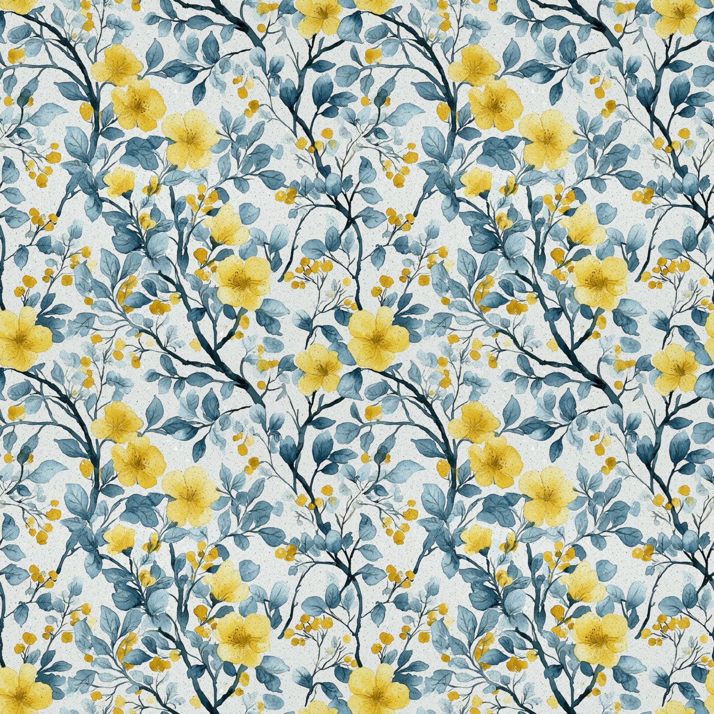 yellow flowers, blue leaves, botanical pattern, watercolor style, floral design, quilting cotton, fabric panel, repeating pattern, spring blooms, nature motif, soft pastels, delicate branches, garden florals, artistic illustration, seamless repeat, cottage core, feminine design, crafting fabric