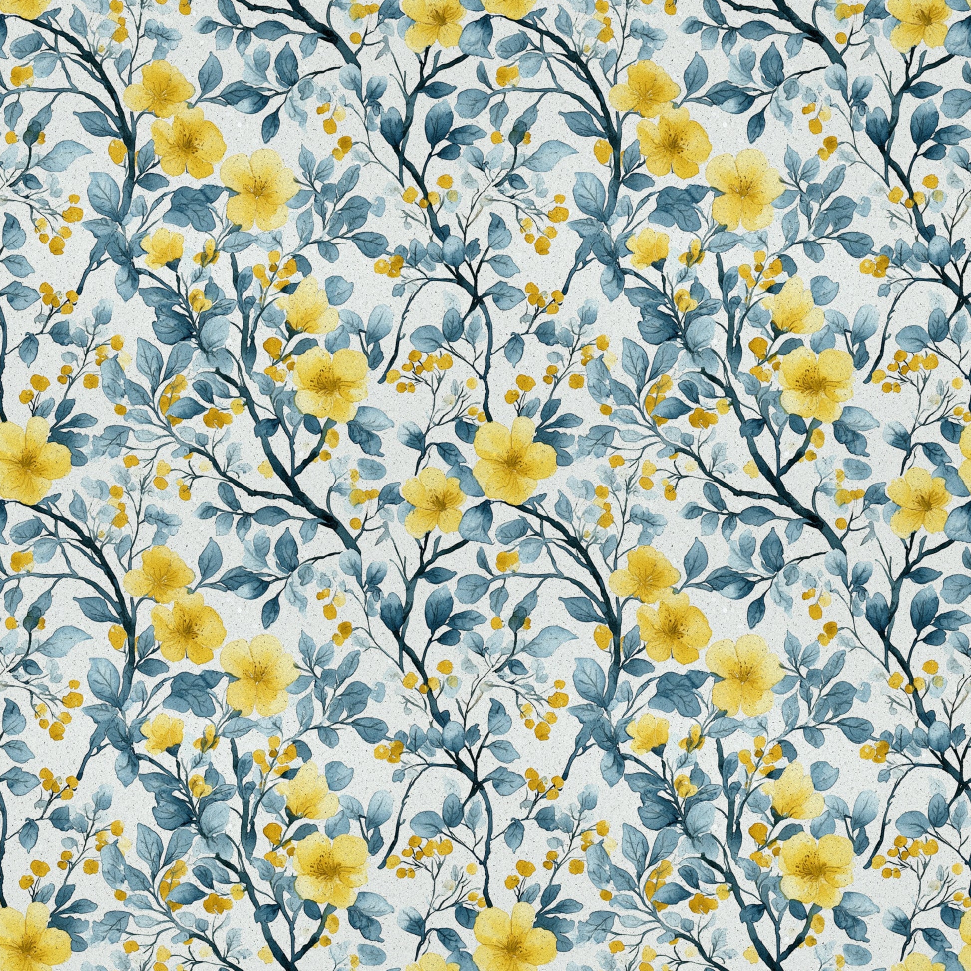 yellow flowers, blue leaves, botanical pattern, watercolor style, floral design, quilting cotton, fabric panel, repeating pattern, spring blooms, nature motif, soft pastels, delicate branches, garden florals, artistic illustration, seamless repeat, cottage core, feminine design, crafting fabric