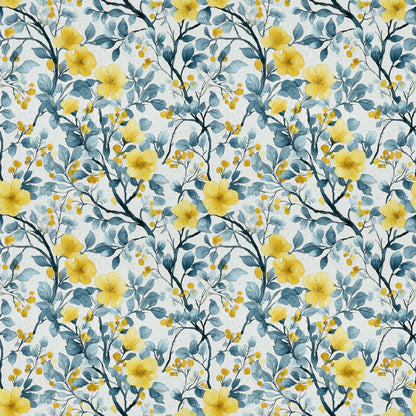 yellow flowers, blue leaves, botanical pattern, watercolor style, floral design, quilting cotton, fabric panel, repeating pattern, spring blooms, nature motif, soft pastels, delicate branches, garden florals, artistic illustration, seamless repeat, cottage core, feminine design, crafting fabric