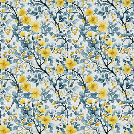 yellow flowers, blue leaves, botanical pattern, watercolor style, floral design, quilting cotton, fabric panel, repeating pattern, spring blooms, nature motif, soft pastels, delicate branches, garden florals, artistic illustration, seamless repeat, cottage core, feminine design, crafting fabric