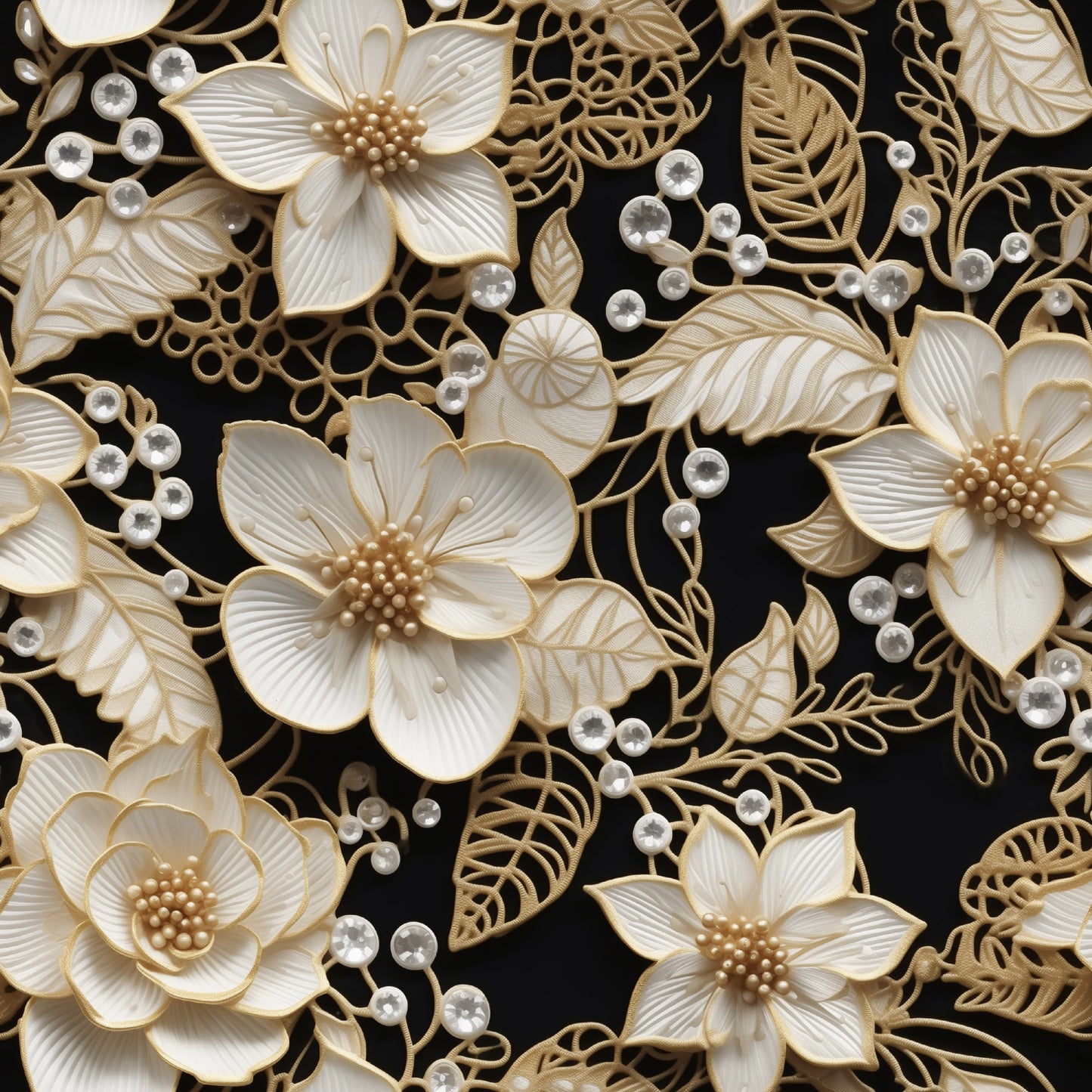 cream, beige, gold, black background, floral pattern, lace design, tatting motif, delicate flowers, ornate leaves, pearls, beads, dimensional texture, intricate lacework, botanical elements, elegant style, quilting cotton, fabric panel, vintage inspired, romantic mood, decorative florals