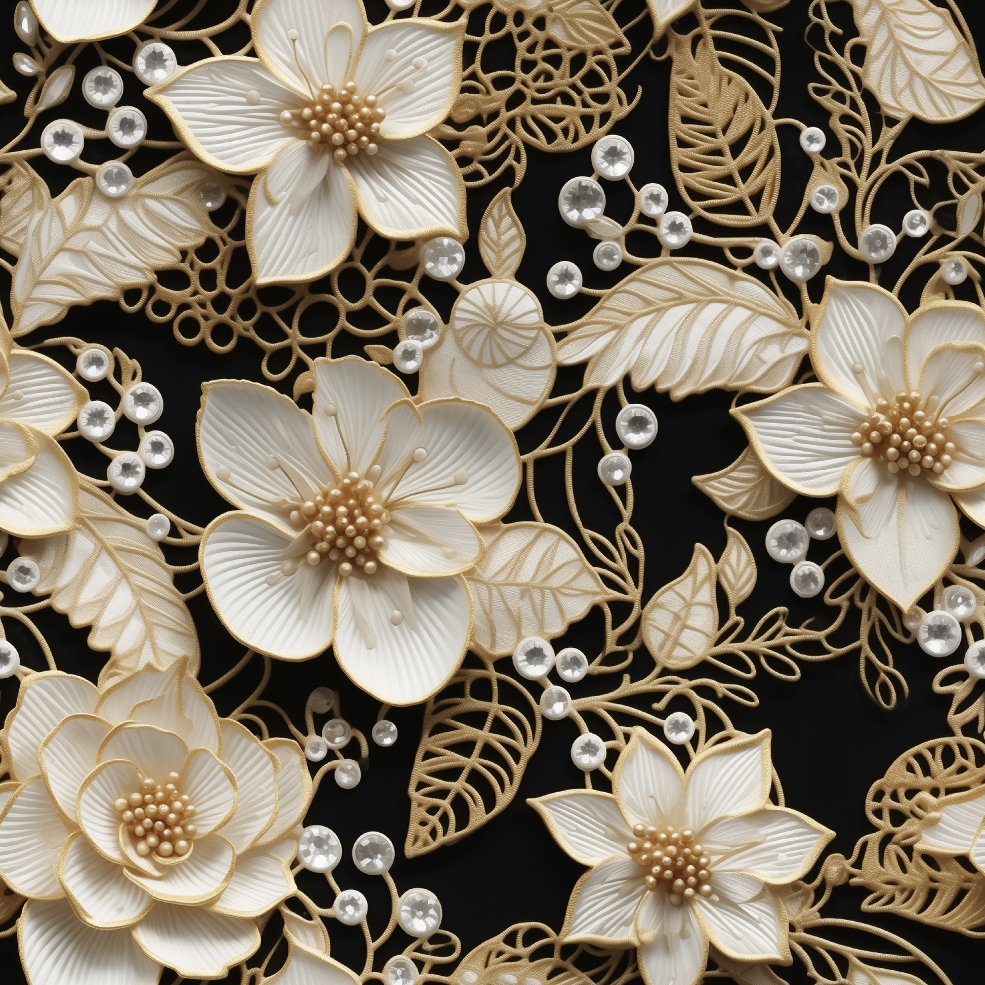 cream, beige, gold, black background, floral pattern, lace design, tatting motif, delicate flowers, ornate leaves, pearls, beads, dimensional texture, intricate lacework, botanical elements, elegant style, quilting cotton, fabric panel, vintage inspired, romantic mood, decorative florals