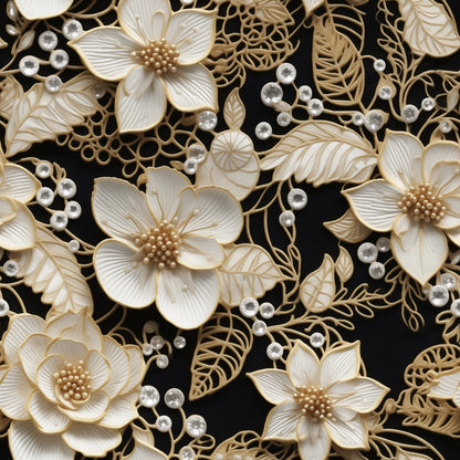 cream, beige, gold, black background, floral pattern, lace design, tatting motif, delicate flowers, ornate leaves, pearls, beads, dimensional texture, intricate lacework, botanical elements, elegant style, quilting cotton, fabric panel, vintage inspired, romantic mood, decorative florals