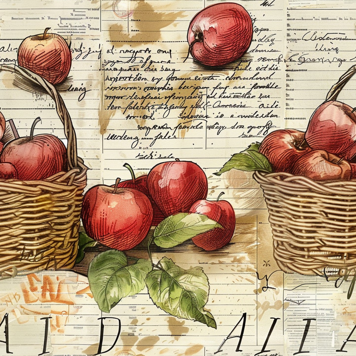 red apples, wicker baskets, green leaves, vintage illustration, farm fresh, handwritten script, botanical artwork, quilting cotton, fabric panel, rustic charm, harvest theme, fruit motifs, sepia tones, crosshatch shading, country style, apple orchard, natural elements, autumn colors, farm life