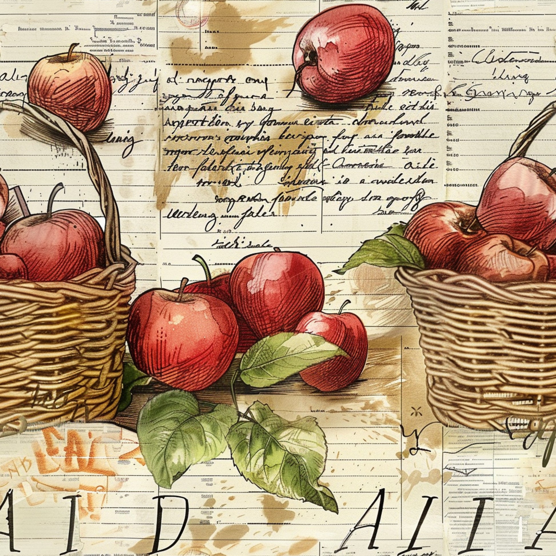 red apples, wicker baskets, green leaves, vintage illustration, farm fresh, handwritten script, botanical artwork, quilting cotton, fabric panel, rustic charm, harvest theme, fruit motifs, sepia tones, crosshatch shading, country style, apple orchard, natural elements, autumn colors, farm life