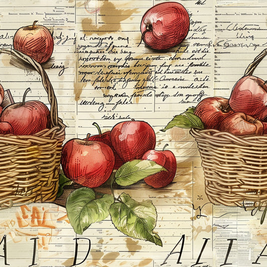 red apples, wicker baskets, green leaves, vintage illustration, farm fresh, handwritten script, botanical artwork, quilting cotton, fabric panel, rustic charm, harvest theme, fruit motifs, sepia tones, crosshatch shading, country style, apple orchard, natural elements, autumn colors, farm life