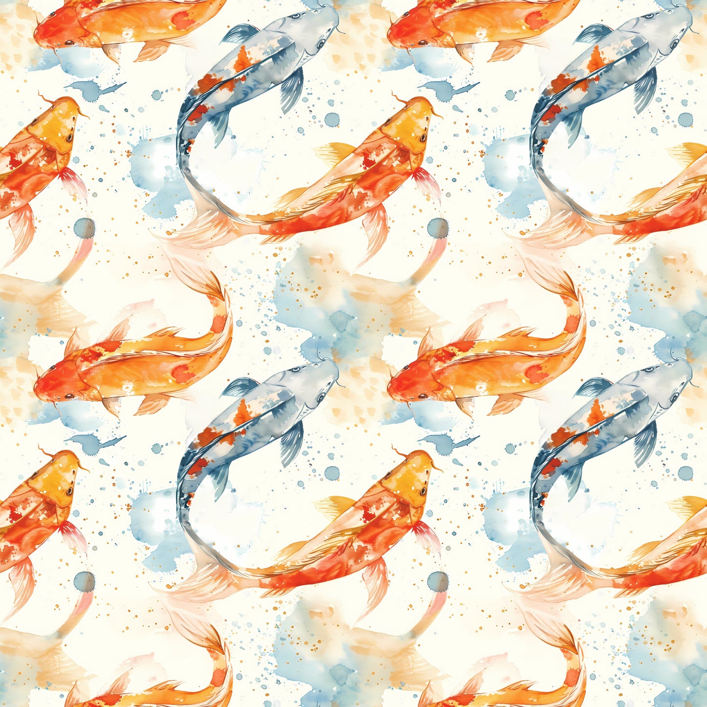 watercolor fish, koi carp, orange fish, blue fish, red fish, swimming pattern, aquatic design, watercolor splashes, flowing movement, seamless repeat, quilting cotton, fabric panel, artistic style, pond fish, water droplets, soft pastels, nature motif, fish swimming, delicate brushstrokes, asian inspired