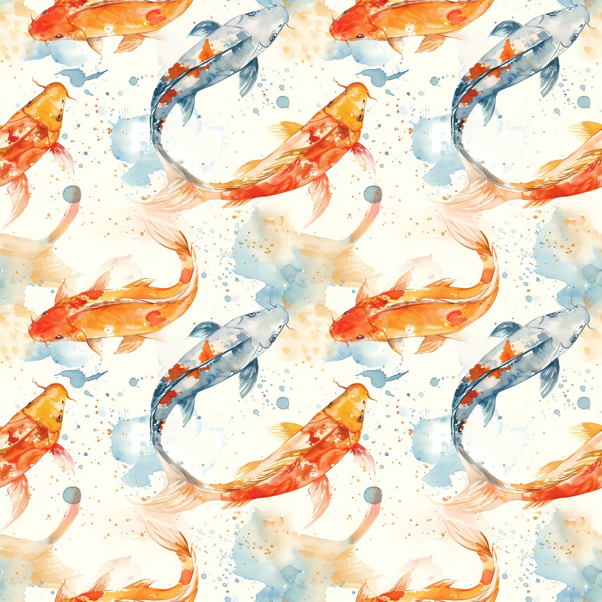 watercolor fish, koi carp, orange fish, blue fish, red fish, swimming pattern, aquatic design, watercolor splashes, flowing movement, seamless repeat, quilting cotton, fabric panel, artistic style, pond fish, water droplets, soft pastels, nature motif, fish swimming, delicate brushstrokes, asian inspired