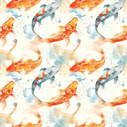watercolor fish, koi carp, orange fish, blue fish, red fish, swimming pattern, aquatic design, watercolor splashes, flowing movement, seamless repeat, quilting cotton, fabric panel, artistic style, pond fish, water droplets, soft pastels, nature motif, fish swimming, delicate brushstrokes, asian inspired