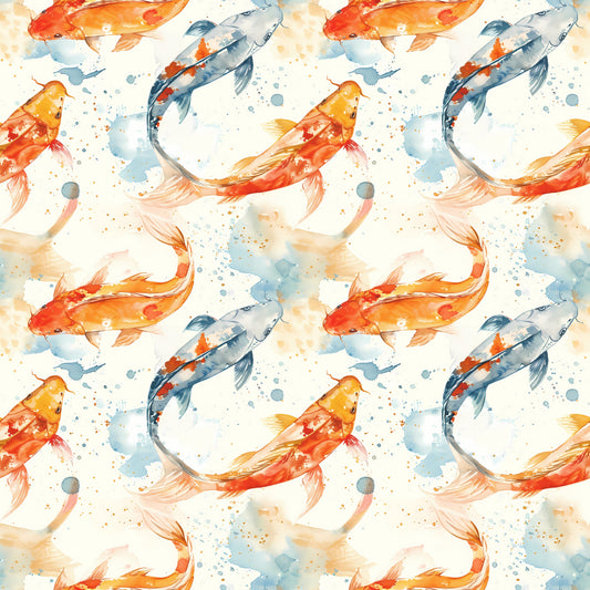 watercolor fish, koi carp, orange fish, blue fish, red fish, swimming pattern, aquatic design, watercolor splashes, flowing movement, seamless repeat, quilting cotton, fabric panel, artistic style, pond fish, water droplets, soft pastels, nature motif, fish swimming, delicate brushstrokes, asian inspired