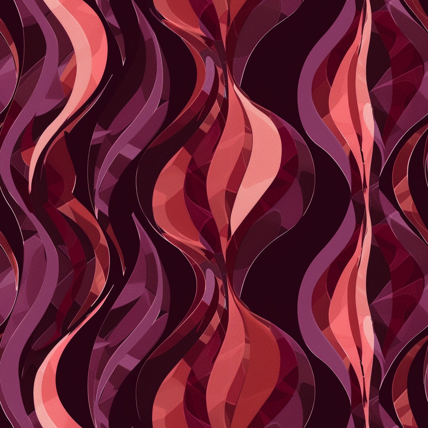 burgundy, maroon, coral, pink, purple, wine red, abstract waves, flowing curves, swirling pattern, organic shapes, flame-like design, modern art style, dynamic movement, layered ribbons, undulating forms, quilting cotton, fabric panel, contemporary design, fluid motion, gradient colors