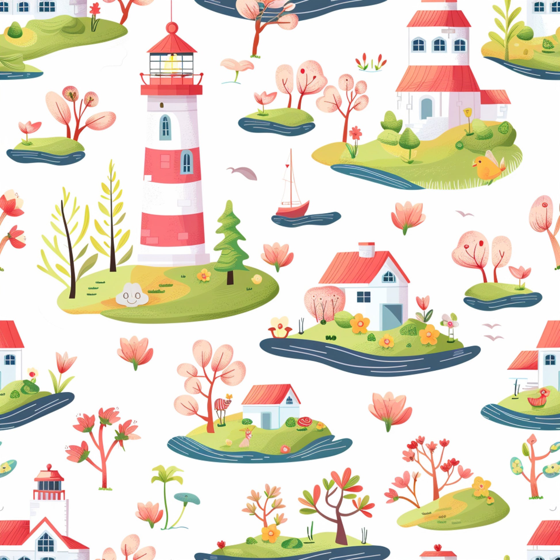 coral red, white, green, pink, yellow, lighthouse, cottage houses, small islands, sailboat, trees, flowers, birds, whimsical illustration, coastal scene, springtime theme, quilting cotton, fabric panel, cheerful pattern, nautical elements, pastoral landscape