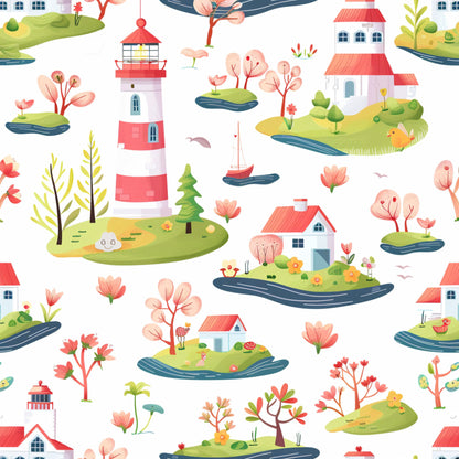 coral red, white, green, pink, yellow, lighthouse, cottage houses, small islands, sailboat, trees, flowers, birds, whimsical illustration, coastal scene, springtime theme, quilting cotton, fabric panel, cheerful pattern, nautical elements, pastoral landscape