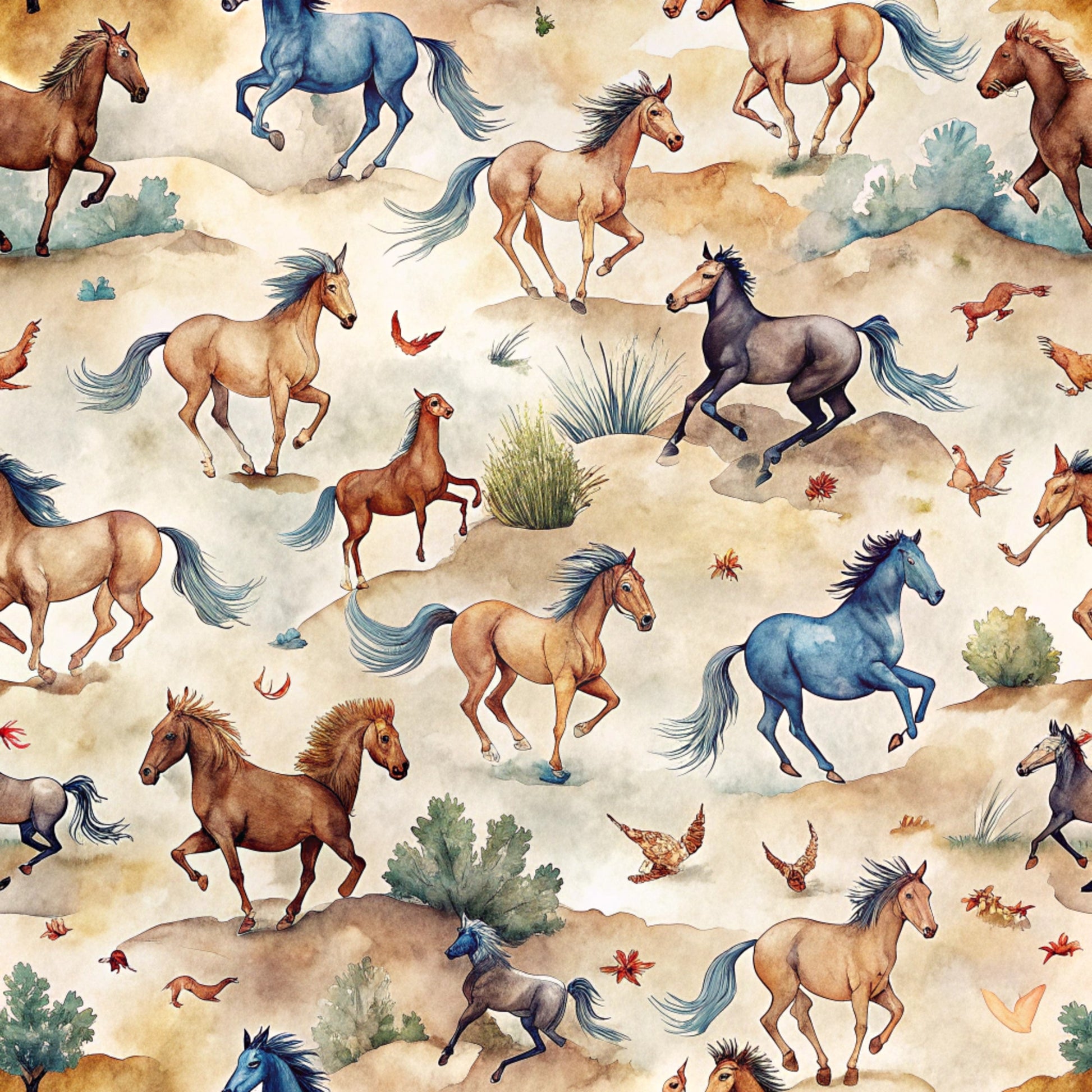 watercolor horses, running horses, wild mustangs, desert landscape, southwestern theme, beige background, brown horses, blue horses, black horses, galloping motion, prairie grass, autumn leaves, quilting cotton, fabric panel, equestrian pattern, western motif, earthy tones, dusty blues, natural colors, seamless repeat