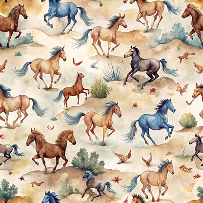 watercolor horses, running horses, wild mustangs, desert landscape, southwestern theme, beige background, brown horses, blue horses, black horses, galloping motion, prairie grass, autumn leaves, quilting cotton, fabric panel, equestrian pattern, western motif, earthy tones, dusty blues, natural colors, seamless repeat