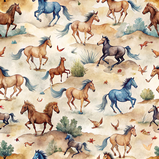 watercolor horses, running horses, wild mustangs, desert landscape, southwestern theme, beige background, brown horses, blue horses, black horses, galloping motion, prairie grass, autumn leaves, quilting cotton, fabric panel, equestrian pattern, western motif, earthy tones, dusty blues, natural colors, seamless repeat