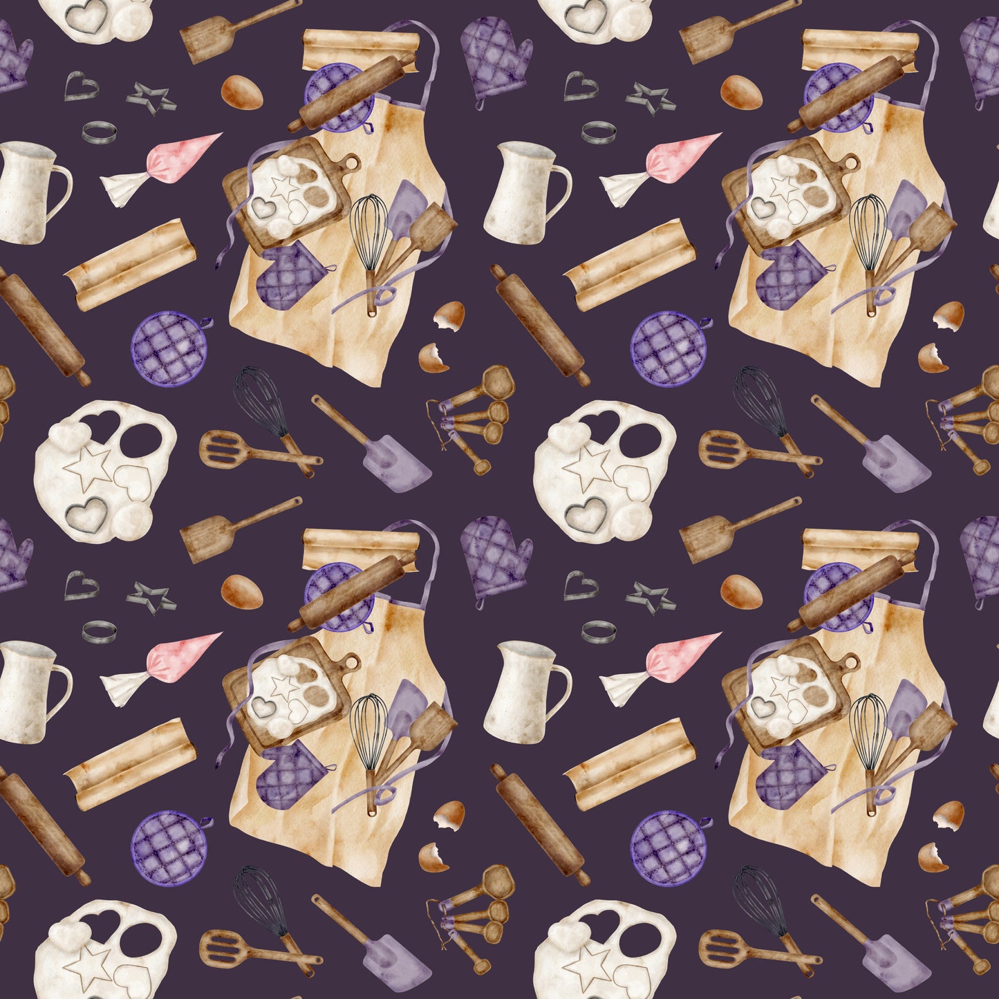 watercolor, baking pattern, kitchen utensils, rolling pins, mixing bowls, measuring spoons, oven mitts, whisk, spatula, cookie cutters, eggs, purple background, cream colored, brown tones, pink accents, apron design, culinary theme, quilting cotton, fabric panel, cooking motifs, baking tools, repeating pattern, soft watercolor style