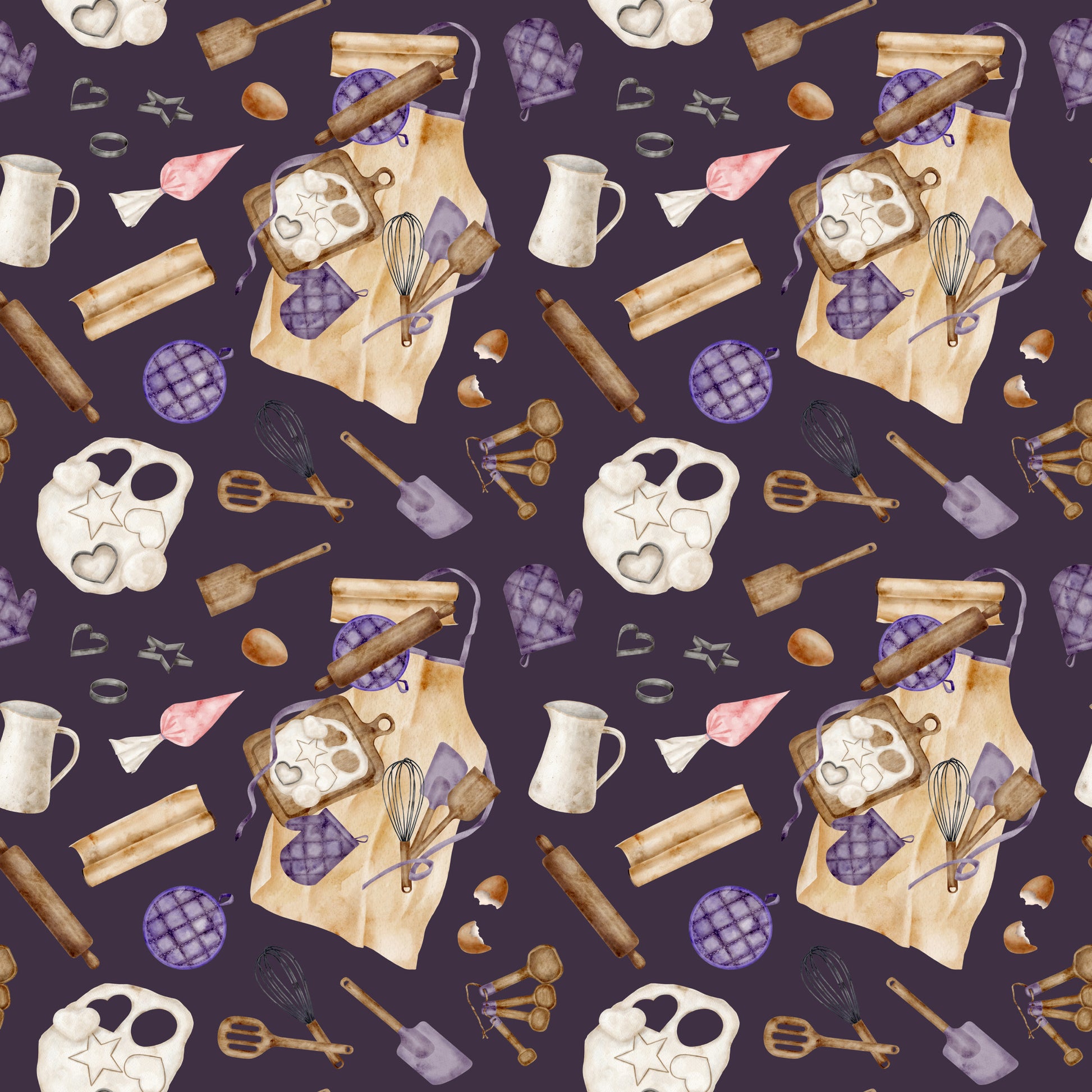 watercolor, baking pattern, kitchen utensils, rolling pins, mixing bowls, measuring spoons, oven mitts, whisk, spatula, cookie cutters, eggs, purple background, cream colored, brown tones, pink accents, apron design, culinary theme, quilting cotton, fabric panel, cooking motifs, baking tools, repeating pattern, soft watercolor style