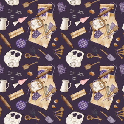 watercolor, baking pattern, kitchen utensils, rolling pins, mixing bowls, measuring spoons, oven mitts, whisk, spatula, cookie cutters, eggs, purple background, cream colored, brown tones, pink accents, apron design, culinary theme, quilting cotton, fabric panel, cooking motifs, baking tools, repeating pattern, soft watercolor style