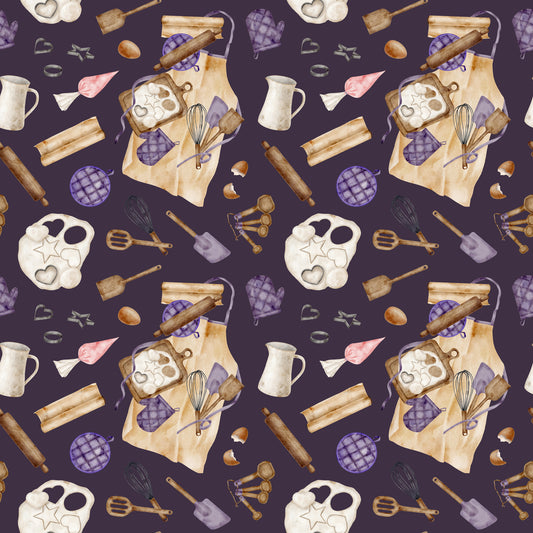 watercolor, baking pattern, kitchen utensils, rolling pins, mixing bowls, measuring spoons, oven mitts, whisk, spatula, cookie cutters, eggs, purple background, cream colored, brown tones, pink accents, apron design, culinary theme, quilting cotton, fabric panel, cooking motifs, baking tools, repeating pattern, soft watercolor style