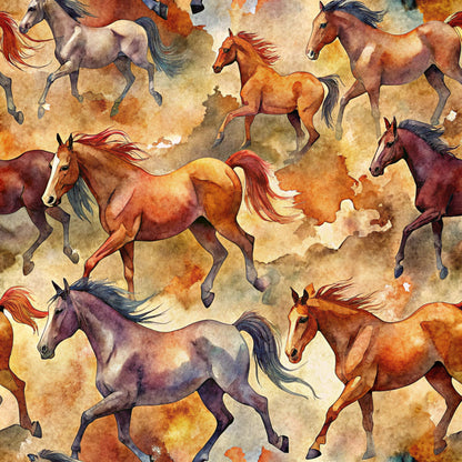 horses, wild horses, watercolor style, brown tones, chestnut colors, auburn shades, cream background, galloping horses, flowing manes, equestrian theme, seamless pattern, quilting cotton, fabric panel, artistic watercolor, warm earth tones, horse silhouettes, dynamic movement, western theme, natural colors, rustic palette