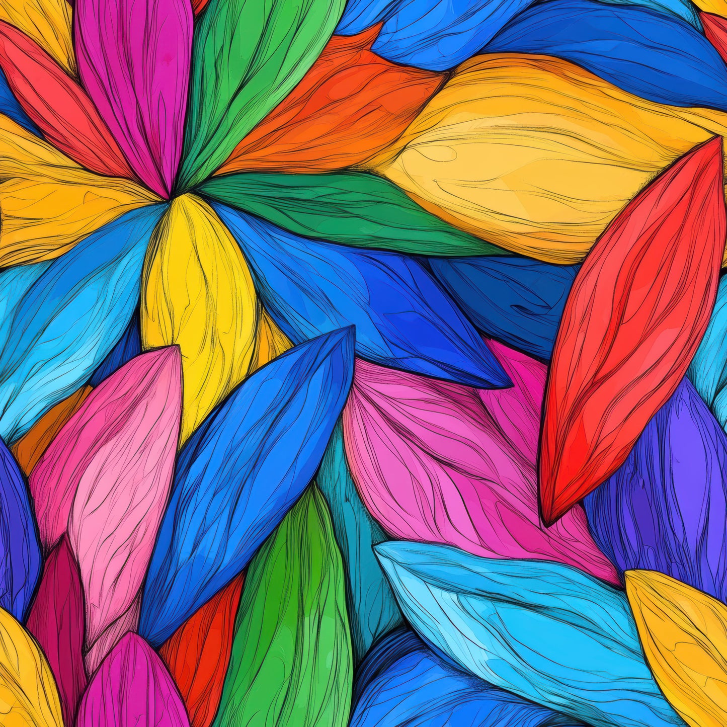 vibrant colors, rainbow petals, floral pattern, abstract flowers, quilting cotton, fabric panel, bright blues, hot pink, emerald green, golden yellow, orange hues, purple accents, red petals, geometric florals, contemporary art, kaleidoscope design, colorful blooms, modern floral, artistic petals, prism effect